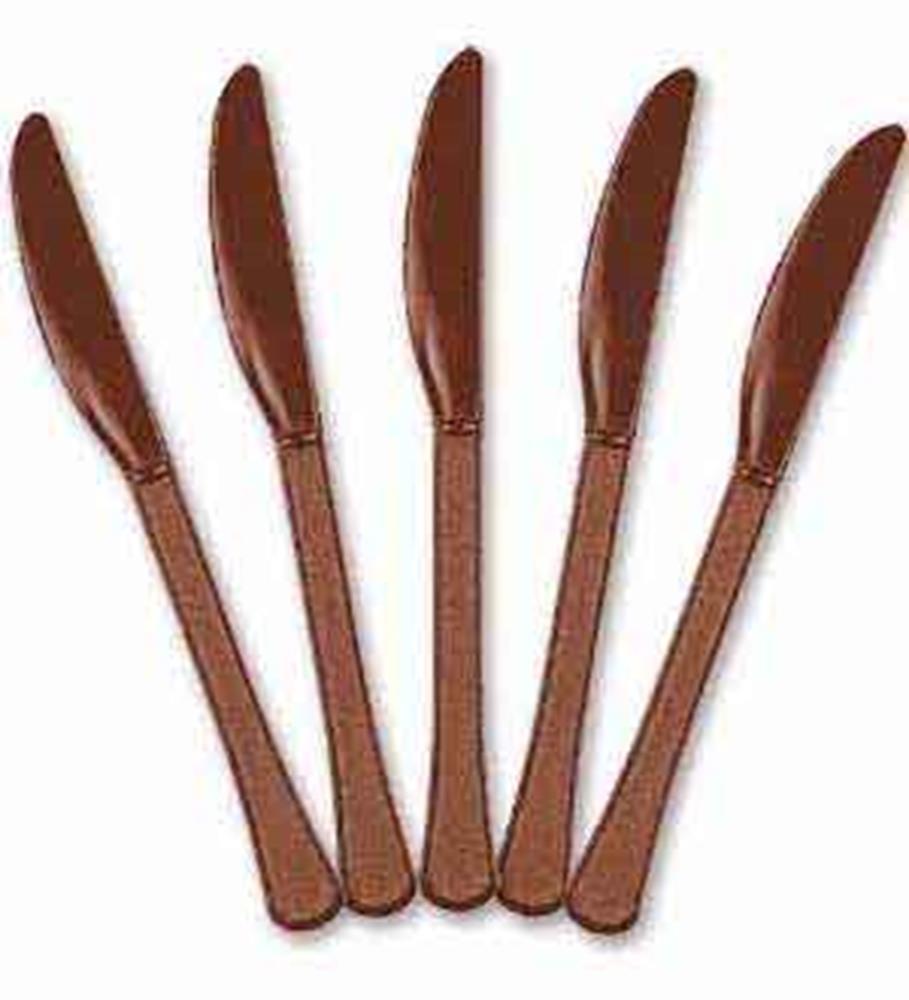 Set of six brown plastic knives with smooth handles and rounded blades.