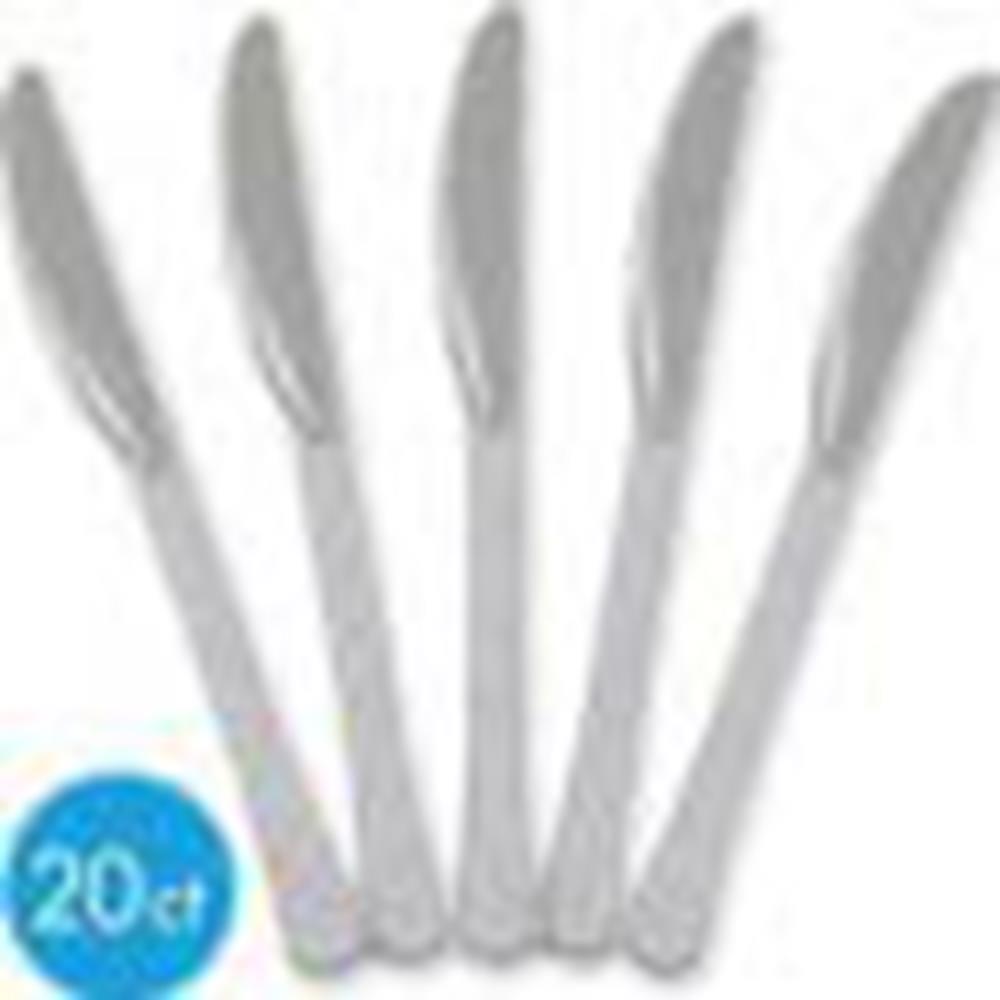 Set of five silver-colored plastic knives with smooth handles and serrated blades.