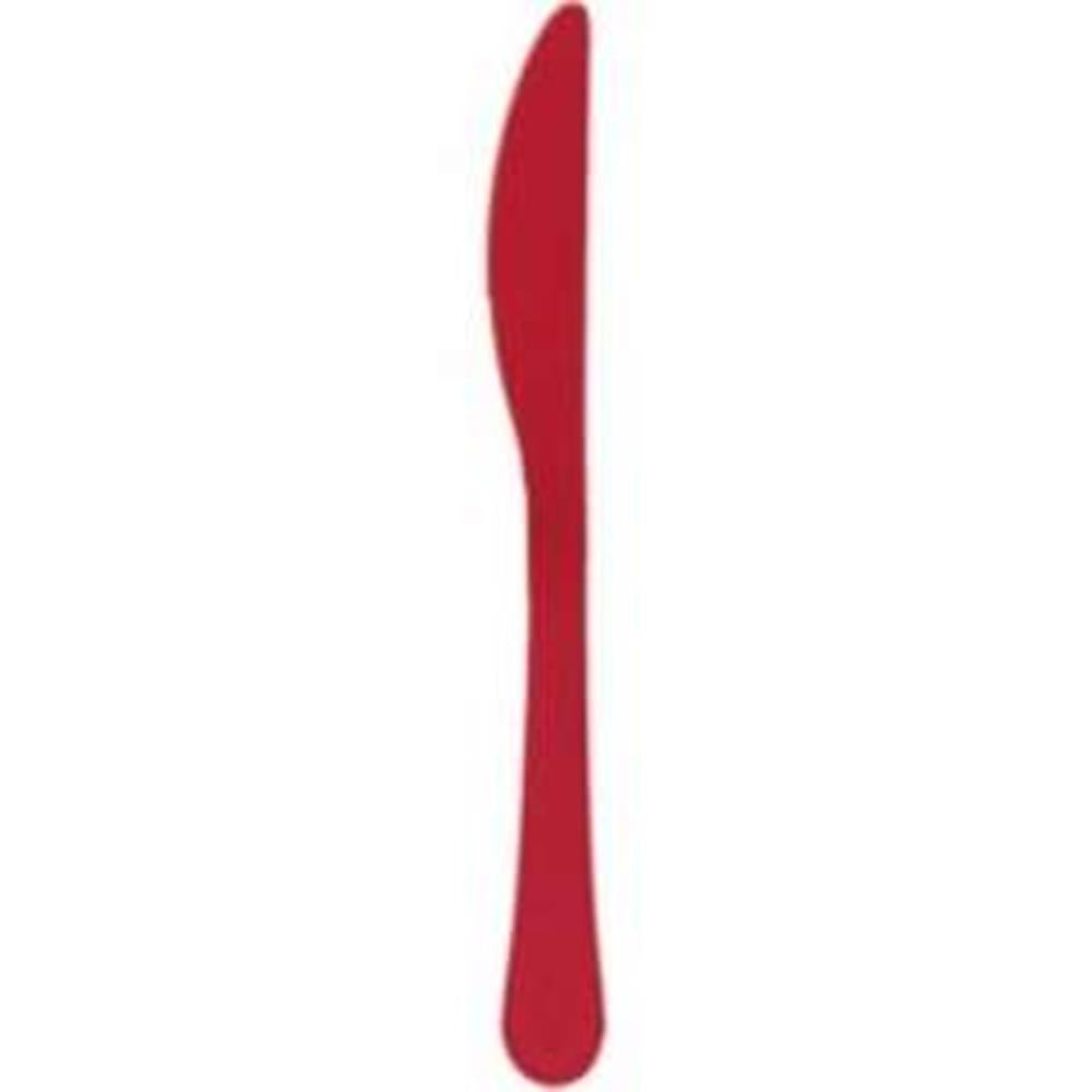 Set of 20 red plastic table knives with smooth blades and rounded handles.