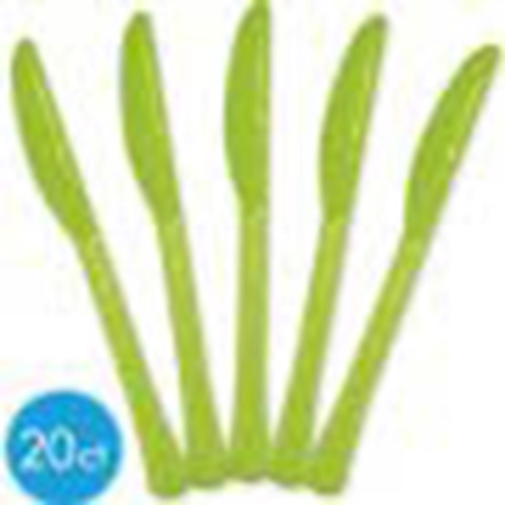 Set of five bright green plastic knives with curved serrated edges for table use.