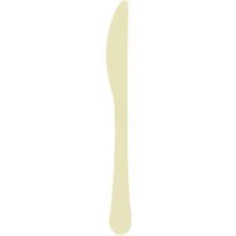 Set of 20 ivory-colored plastic knives with smooth, rounded handles and serrated blades.