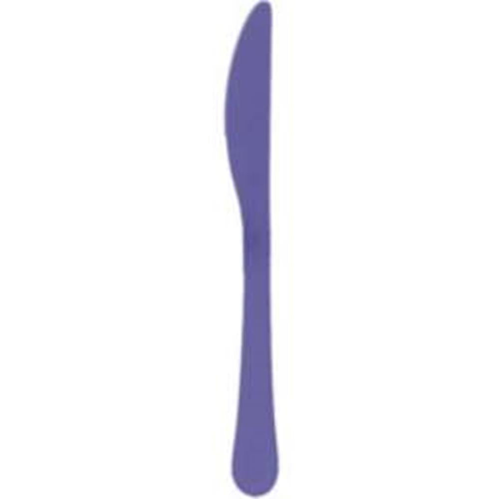 Set of 20 purple matte plastic table knives with smooth rounded handles.