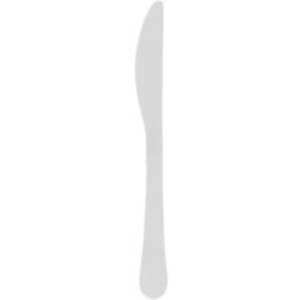 Clear plastic knife with smooth handle and subtly serrated edge for cutting.