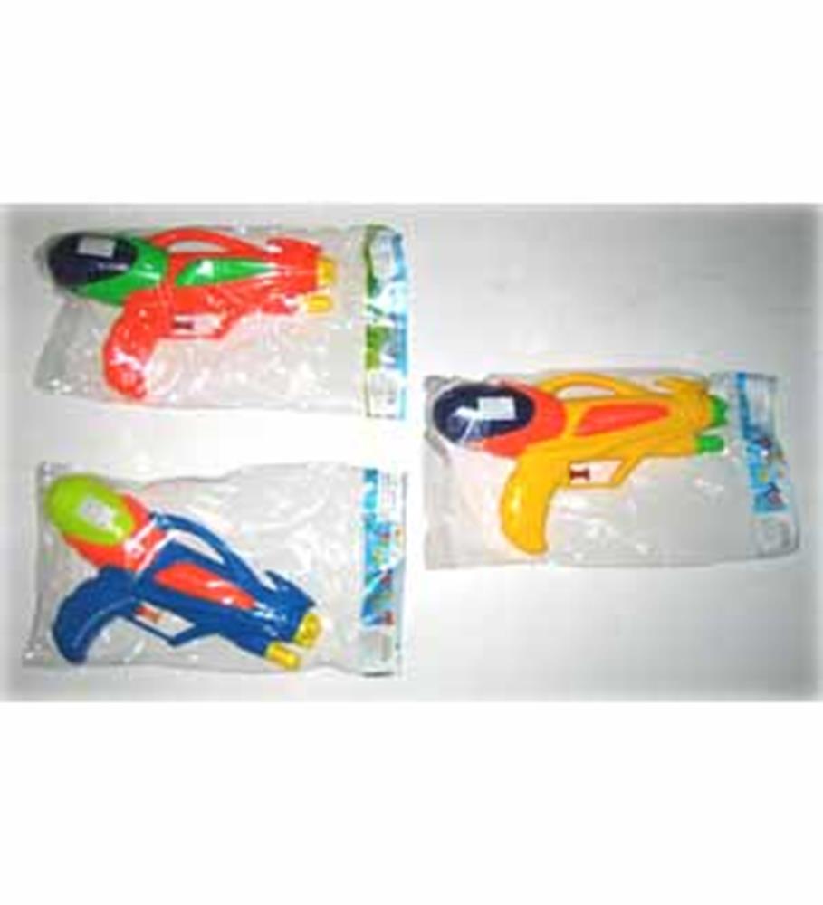 Three small plastic water squirters in red, yellow, and blue, each with a contrasting green or blue nozzle, packaged in.