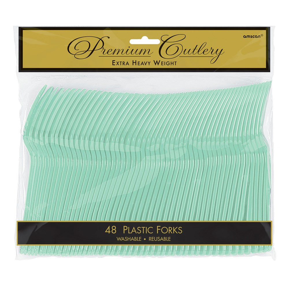 48-pack of translucent mint green plastic forks arranged in a sealed clear plastic package with gold and black labeling.