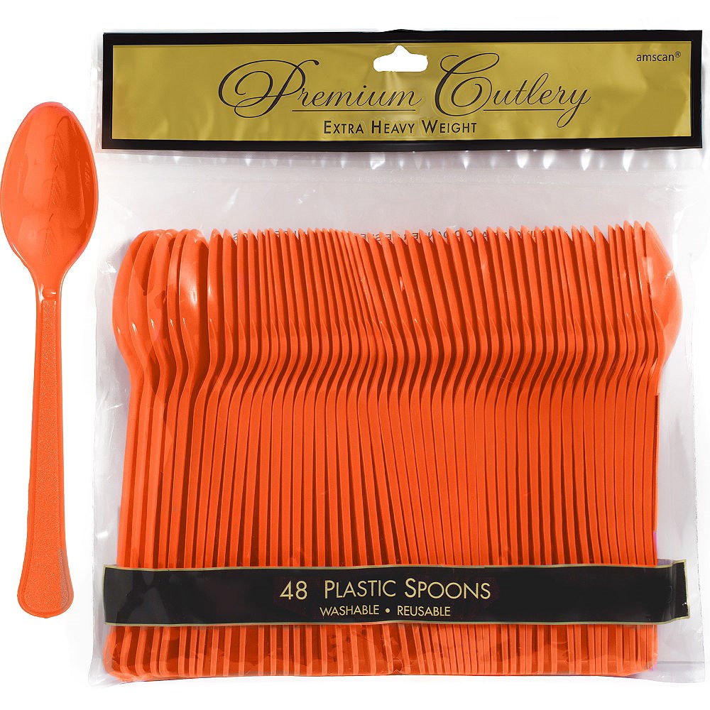 Set of 48 vibrant orange plastic spoons with a glossy finish in retail packaging.