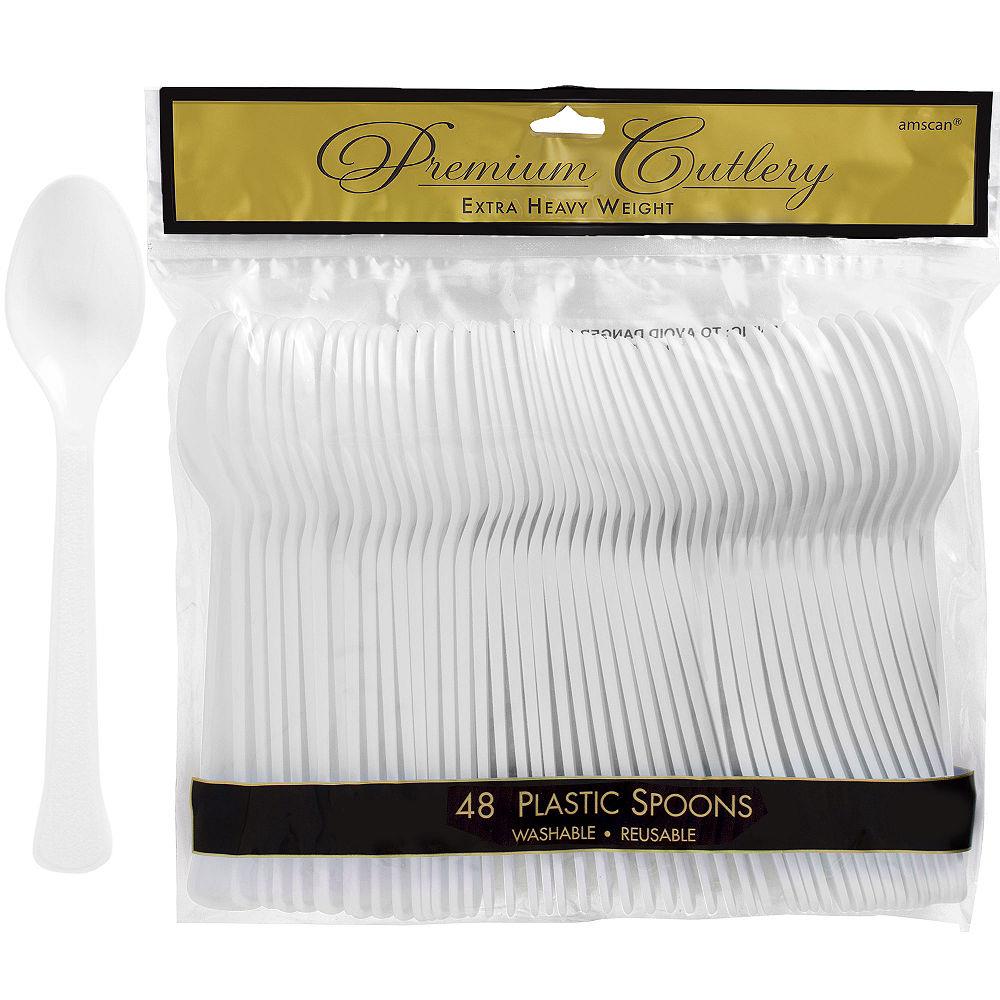48 white plastic spoons in sealed clear packaging with gold and black label.