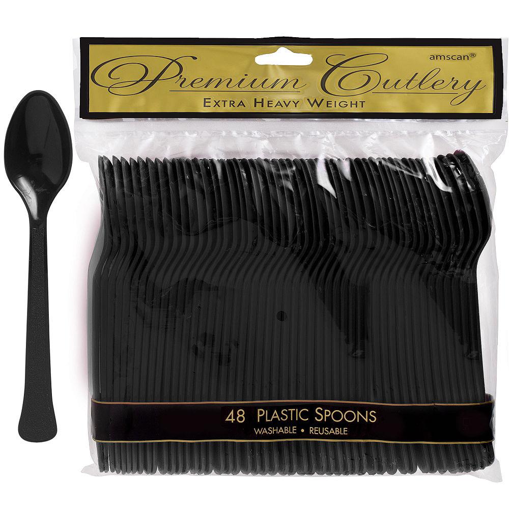 Pack of 48 jet black heavy weight plastic spoons with one spoon displayed outside the packaging.