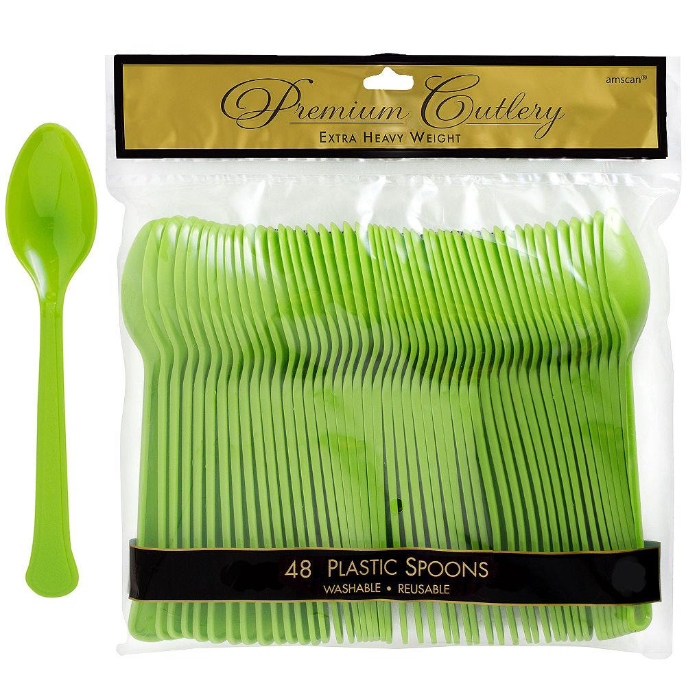 48 green plastic spoons in resealable clear bag with black and gold label.