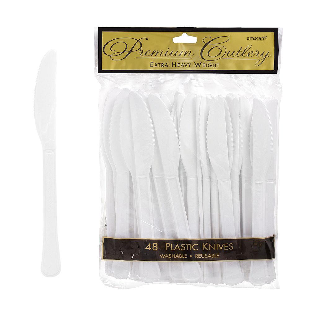 Set of 48 white plastic knives with serrated edges in clear packaging labeled Premium Cutlery.