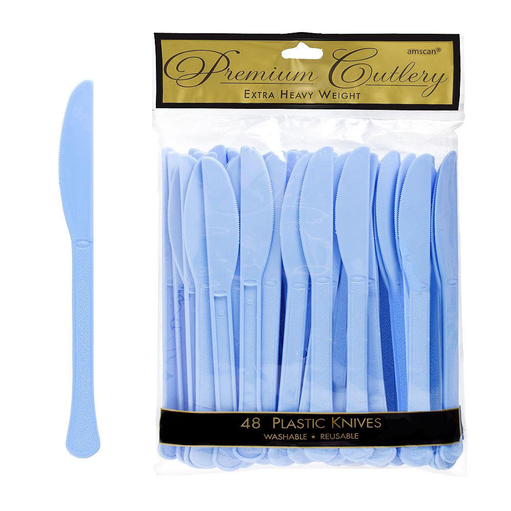 Set of 48 pastel blue plastic table knives with rounded tips and textured handles in clear packaging.