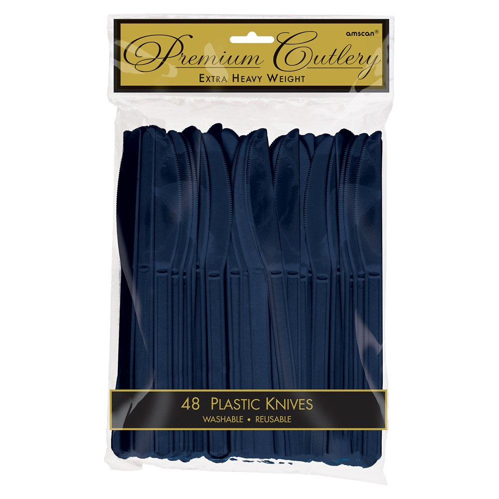 Set of 48 dark navy plastic knives with serrated edges in clear packaging.