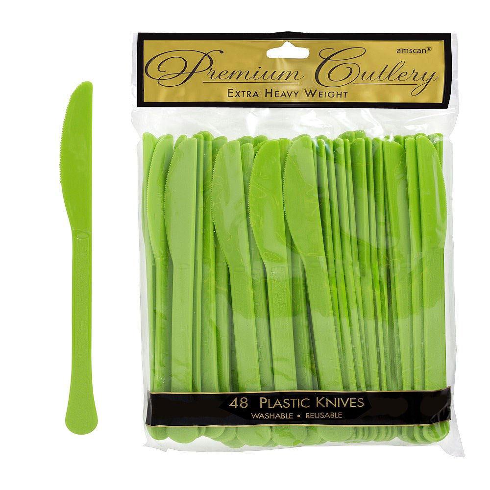 Set of 48 lime green plastic knives with serrated edges in clear packaging labeled Premium Cutlery.