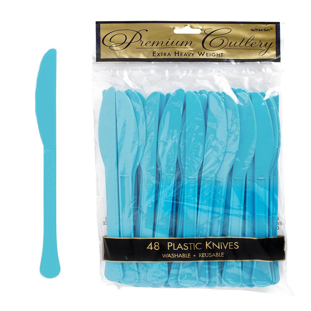 Set of 48 bright blue plastic knives with serrated edges, packaged in clear plastic bag.