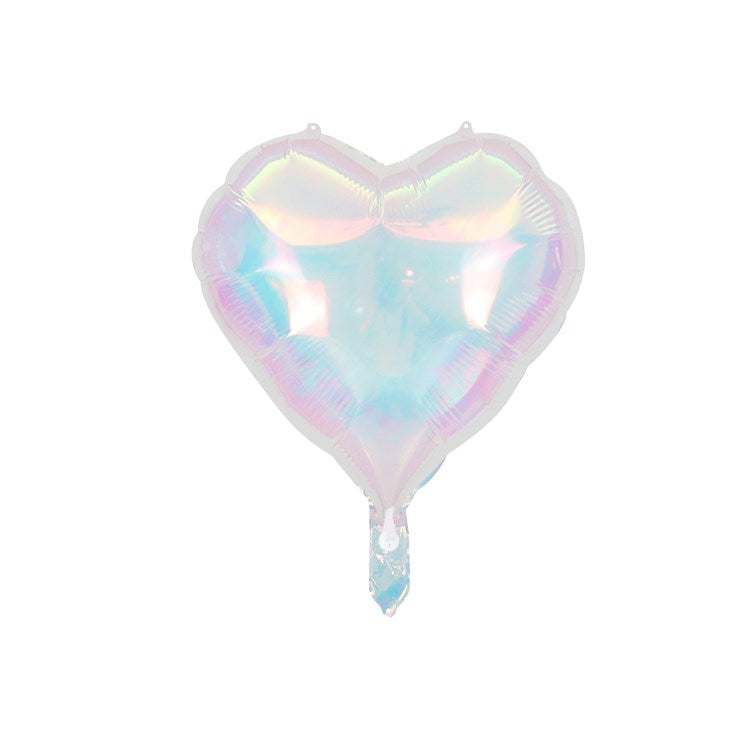 Heart-shaped iridescent foil balloon with mother-of-pearl sheen, 18 inches tall.
