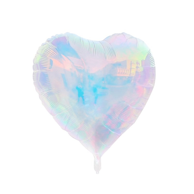 Heart-shaped iridescent foil balloon with mother of pearl finish, 40 inches tall.