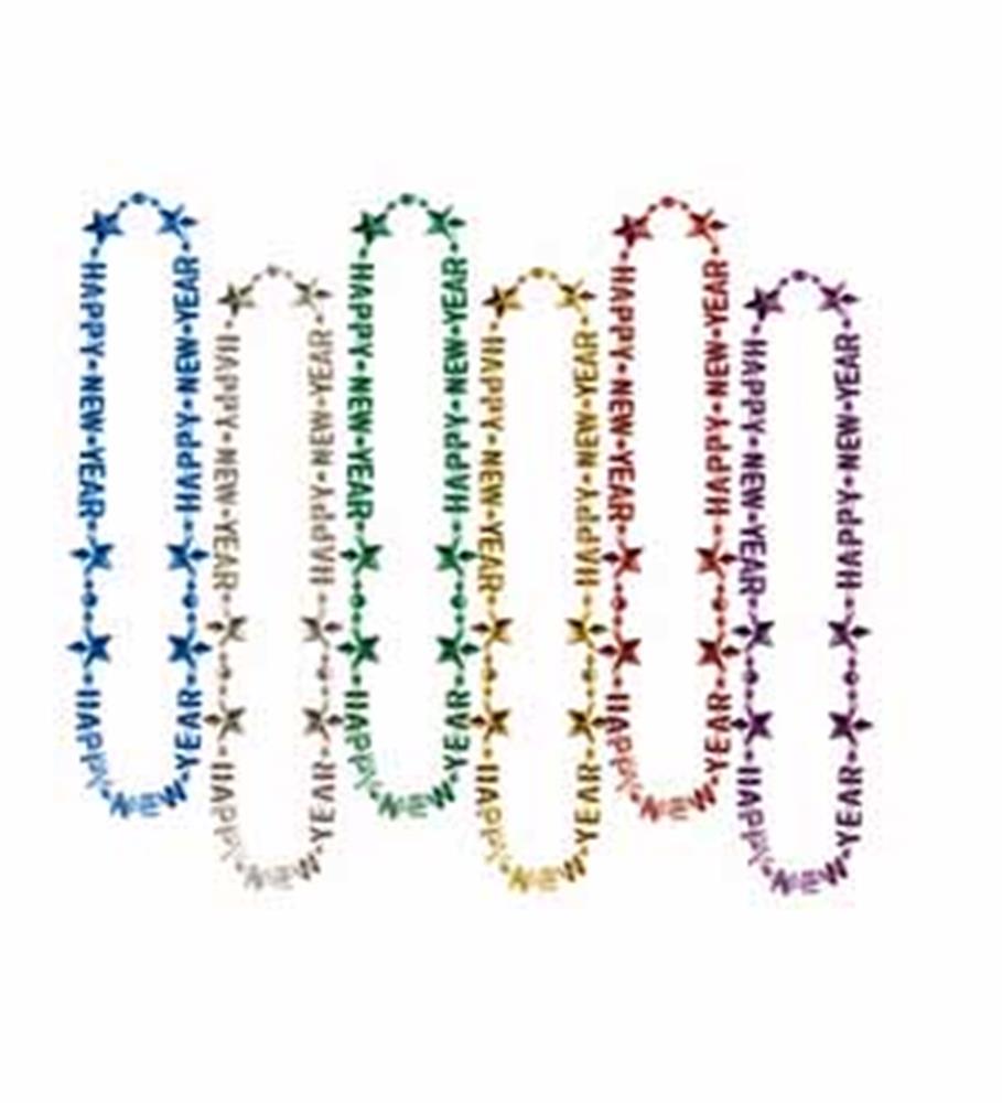 Colorful metallic bead necklaces in blue, silver, green, gold, red, and purple with "Happy New Year" and star designs.