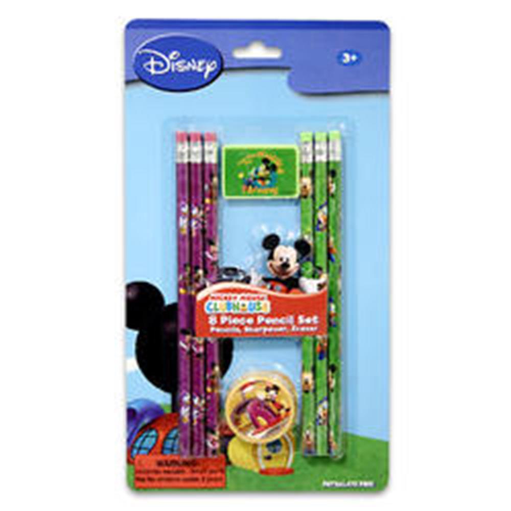 Set of eight colorful wooden pencils featuring Mickey Mouse designs with matching erasers and a sharpener in clear plastic.