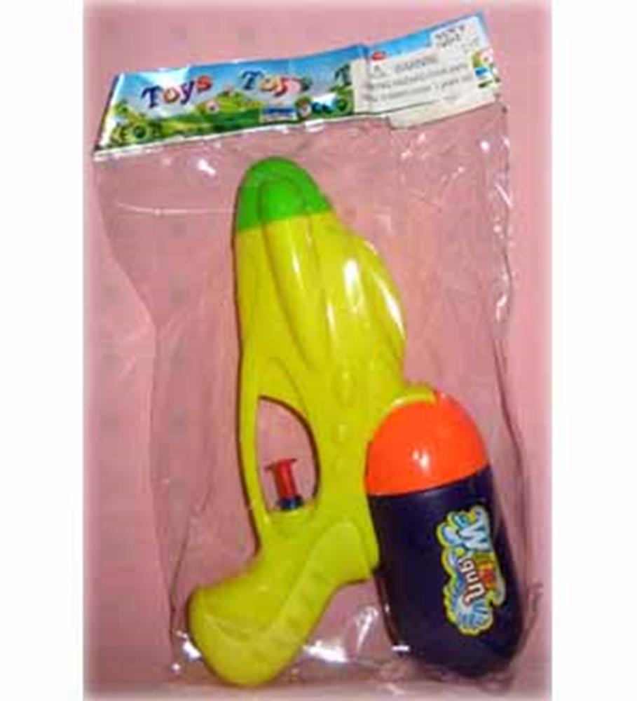 Bright yellow plastic water gun with a green nozzle and an attached orange and blue water tank labeled "Water.".