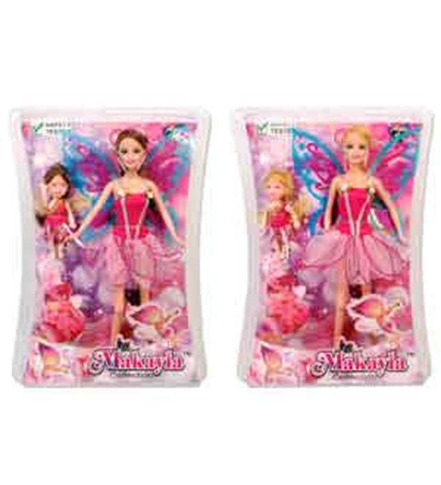 Two Makayla fairy dolls in pink dresses with large blue and pink butterfly wings, packaged with smaller doll and accessories.