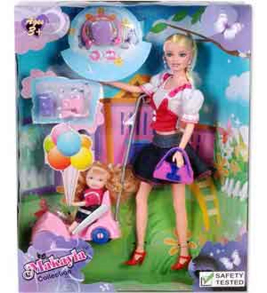 Fashion doll with blonde hair in a navy skirt and red heels pushing a pink toy car with a seated child doll and colorful.