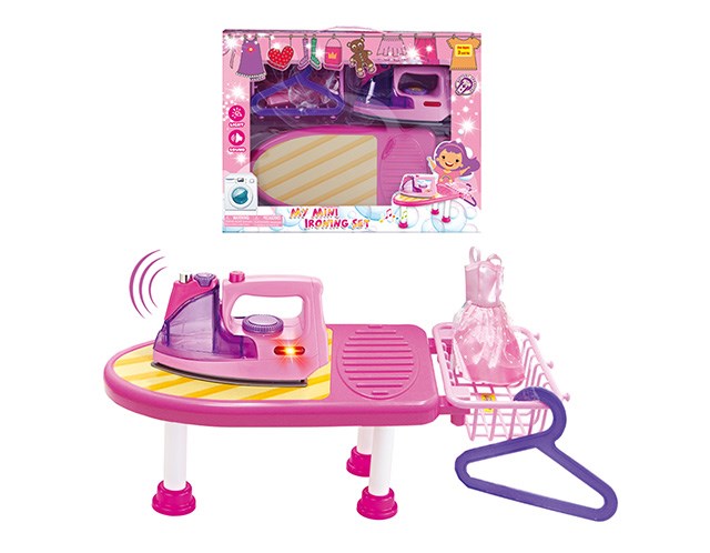 Pink and yellow plastic ironing board play set with toy iron, dress, and purple hanger.