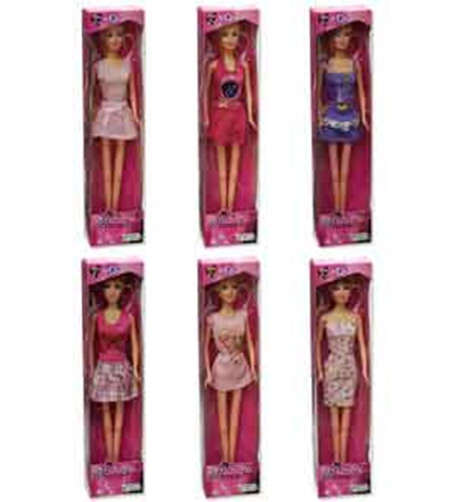 Six Makayla dolls in pink-themed boxes, each wearing different casual dresses in pink, purple, and floral patterns with.