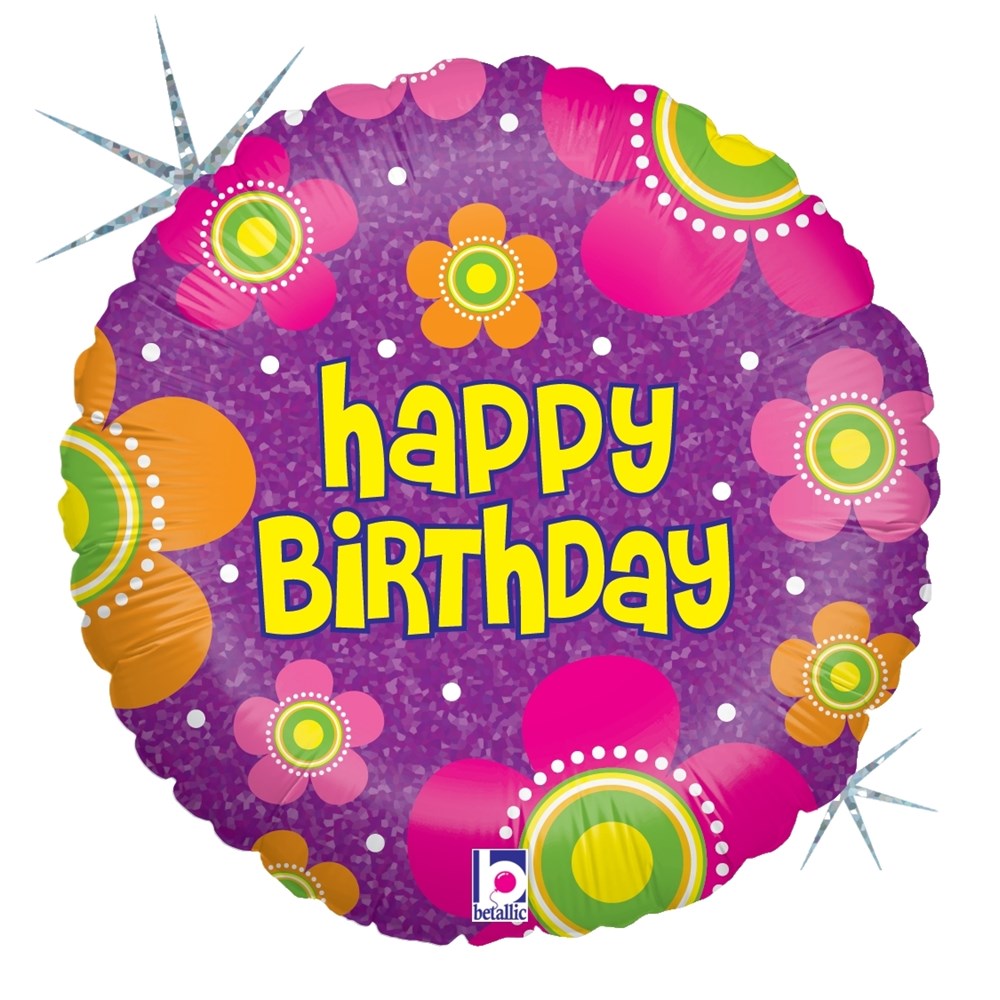 Round 4-inch holographic balloon with purple background, colorful flowers, and yellow "Happy Birthday" text.