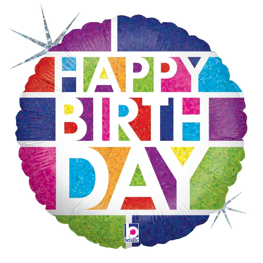 Round holographic balloon with colorful block letters spelling "HAPPY BIRTHDAY" on a white grid background.