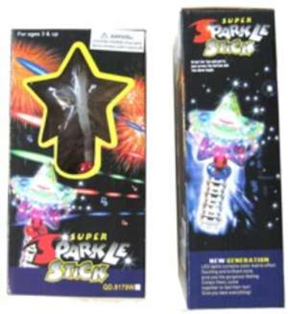 Yellow star-shaped flashing light toy with black handle, packaged in colorful black box with fireworks design.