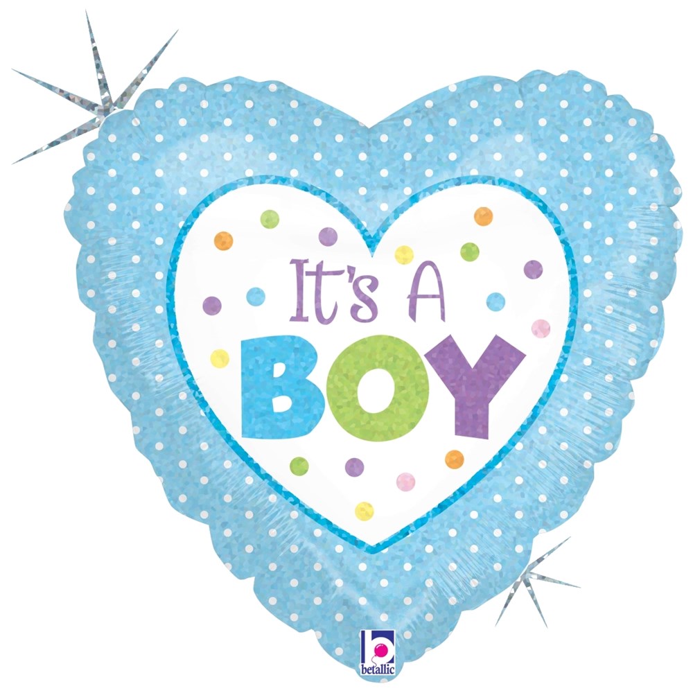 Heart-shaped blue foil balloon with white polka dots and "It's A BOY" text in colorful letters.