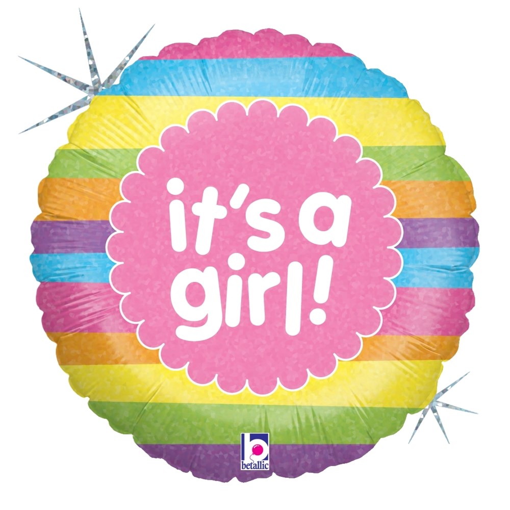 Round holographic balloon with horizontal rainbow stripes and pink center reading "it's a girl!" in white letters.