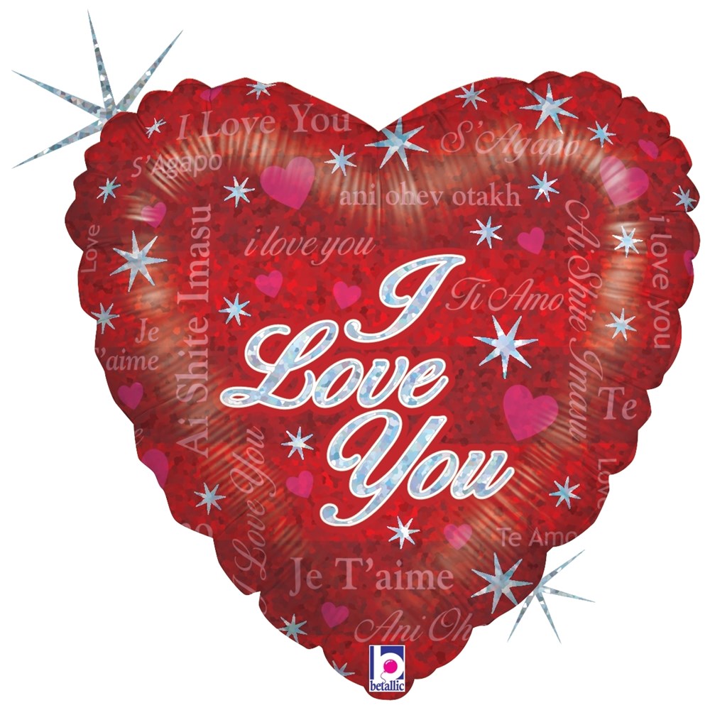 Red heart-shaped holographic balloon with white "I Love You" text and small hearts.