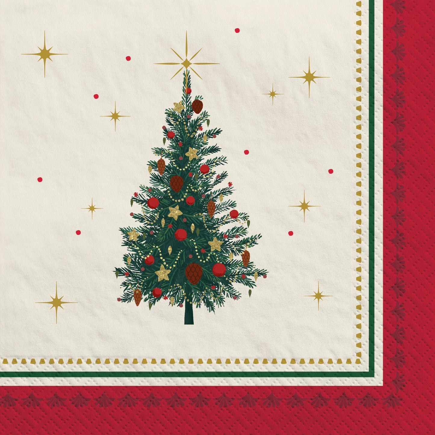 Cream-colored dinner napkin with a decorated green Christmas tree and red border.