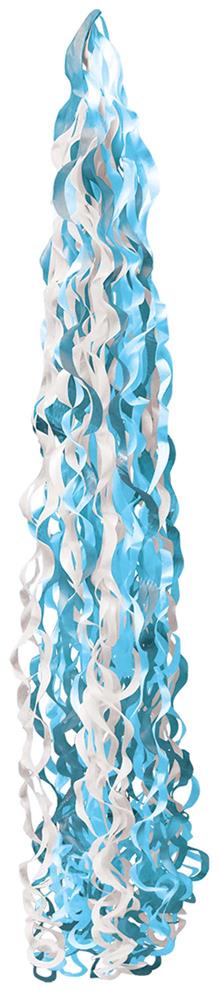 Blue and white balloon tail garland with twisted clusters and glossy finish.