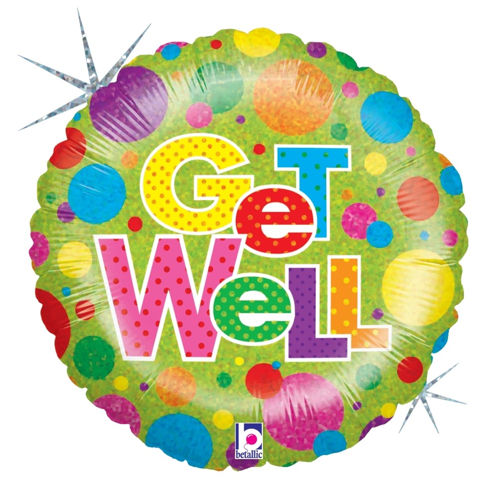 9-inch round foil balloon with colorful polka dots and “Get Well” text in playful multicolor letters.