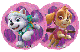 Pink round foil balloons featuring animated Paw Patrol characters Everest in white and green outfit, and Skye in pink pilot.