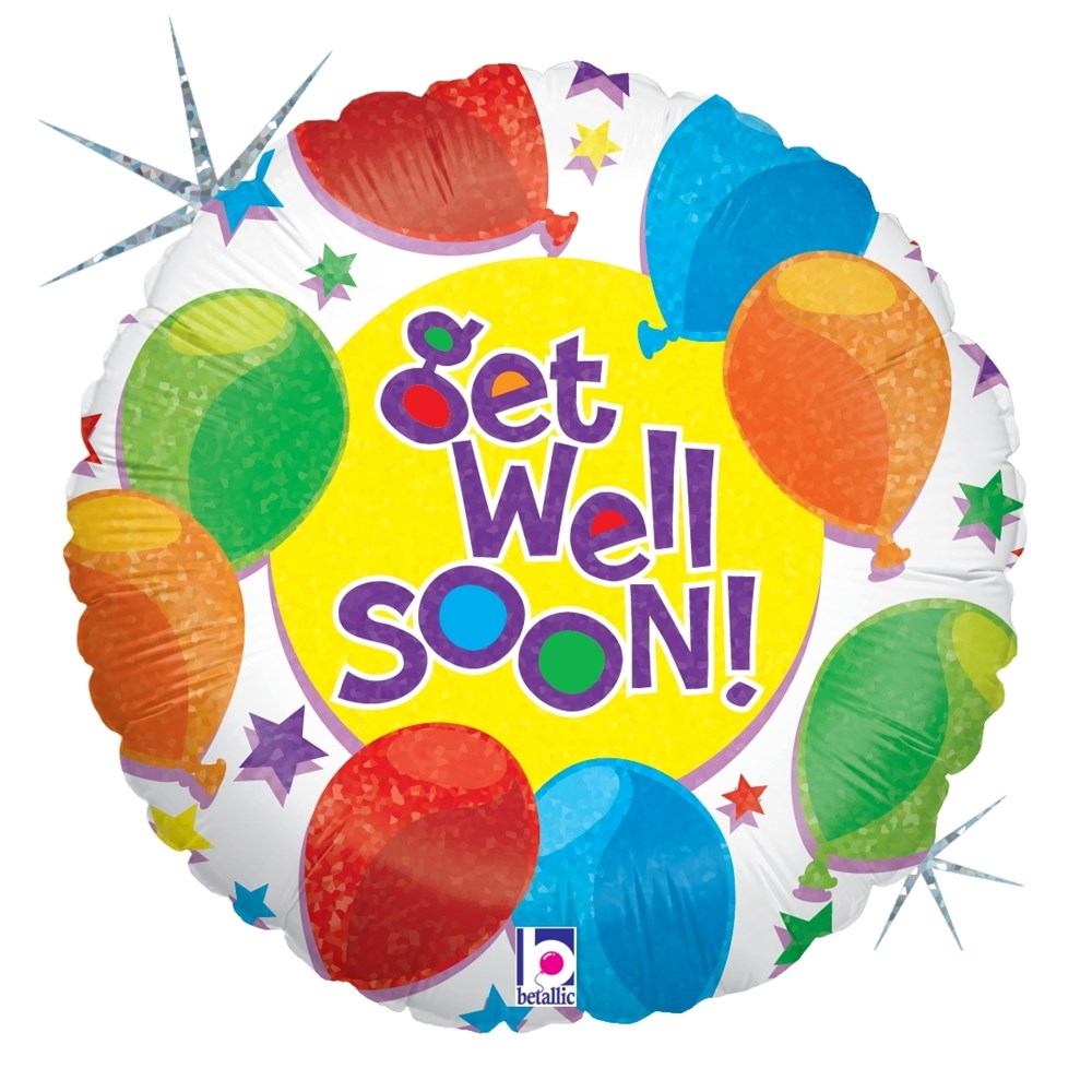 Round 9-inch holographic balloon with colorful balloons and stars, "Get Well Soon!" text in purple and yellow background.