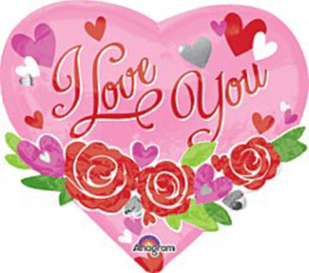 Pink heart-shaped foil balloon with red "I Love You" text, red roses, and colorful hearts.