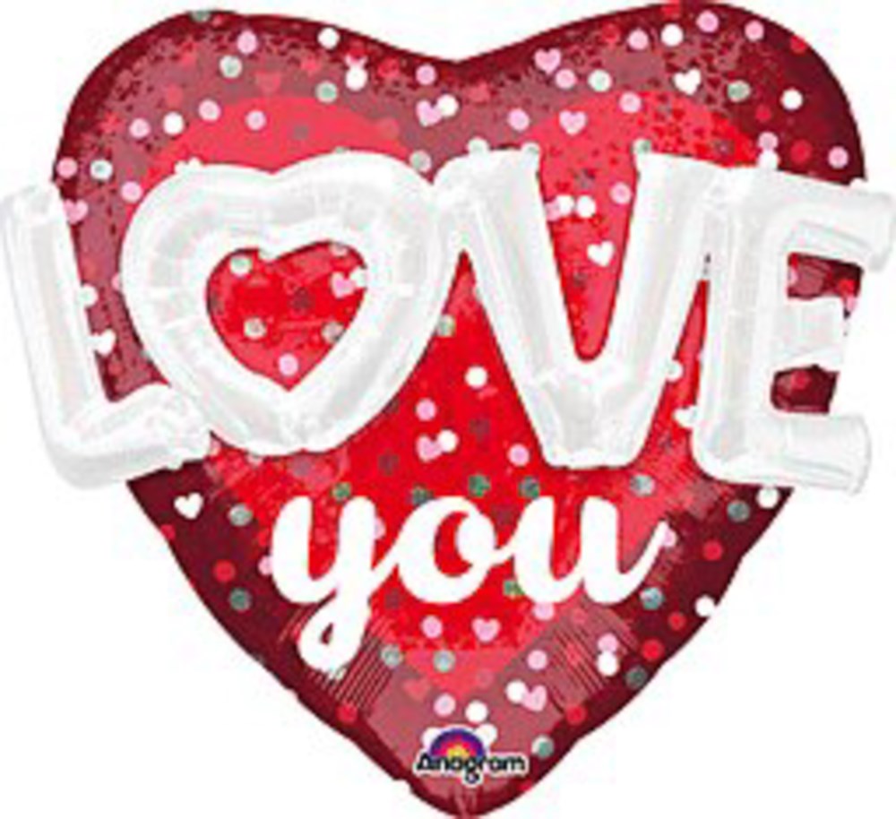 Heart-shaped red foil balloon with white holographic polka dots and "LOVE you" in large white letters.