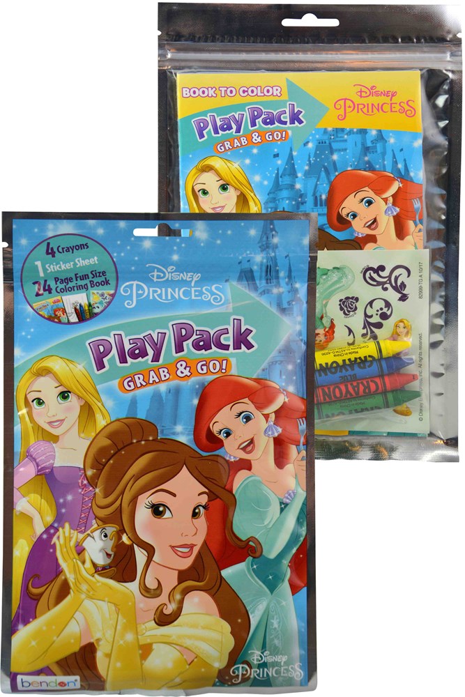 Disney Princess Grab N Go Play Pack featuring colorful activity books with Belle, Ariel, and Rapunzel on the cover in a.