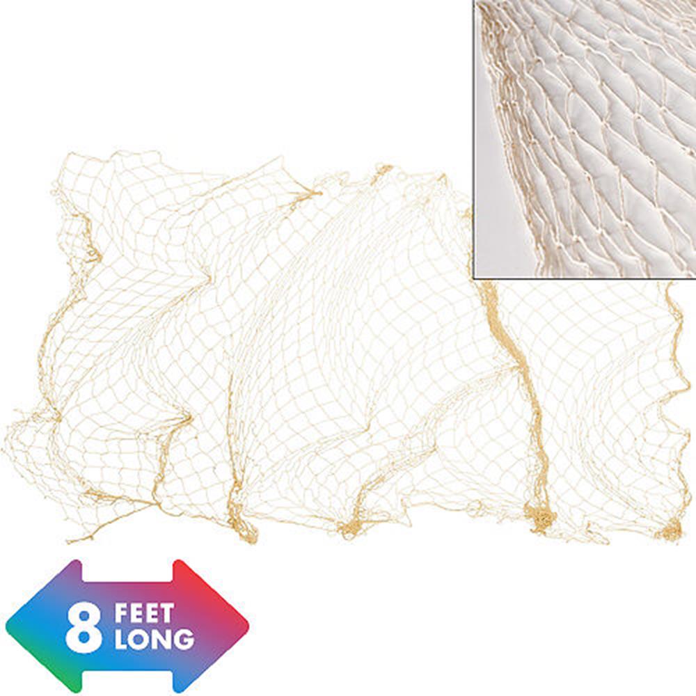 Natural beige decorative fish net with an open, loose weave and small knots along the edges, 8 feet long.