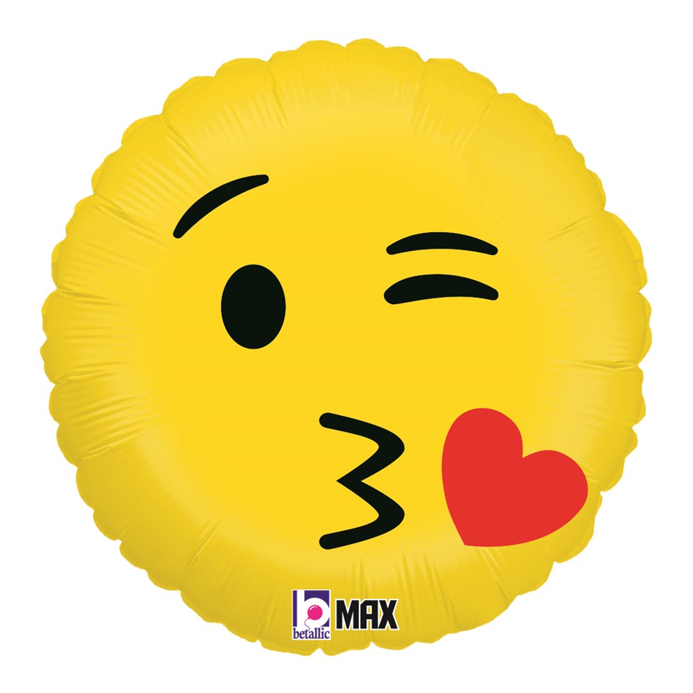 Yellow round foil balloon with winking emoji blowing a red heart kiss.