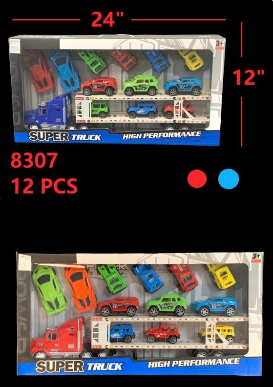 Set of 12 colorful small toy trucks and cars in blue and red packaging with clear window.
