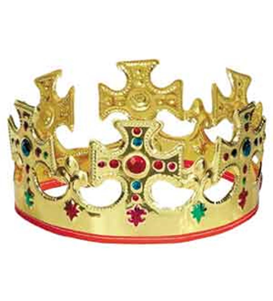 Gold plastic crown with ornate cutouts and colorful red, green, and blue gem accents.