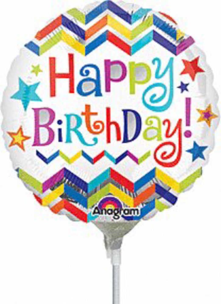 Round foil balloon with colorful chevron pattern and multicolored "Happy Birthday!" text.