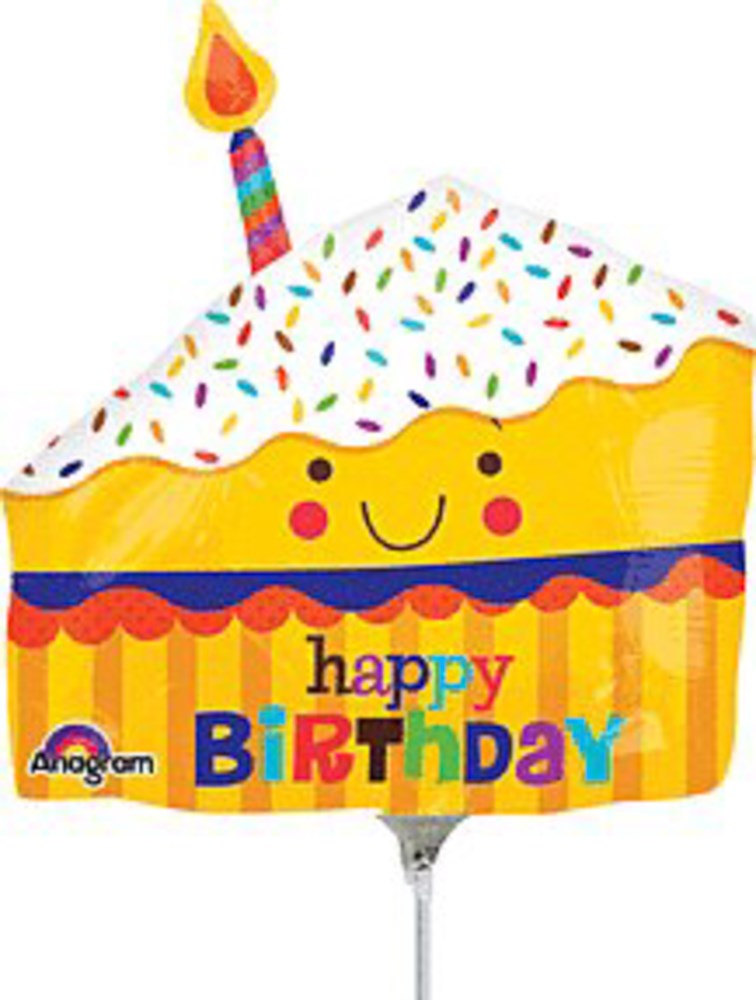 Yellow and white slice of cake foil balloon with colorful sprinkles, smiling face, and "Happy Birthday" text.