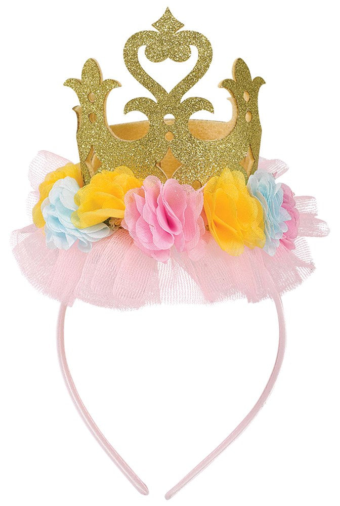 Pink toddler headband with gold glitter crown and pastel pink, blue, and yellow fabric flowers and tulle trim.