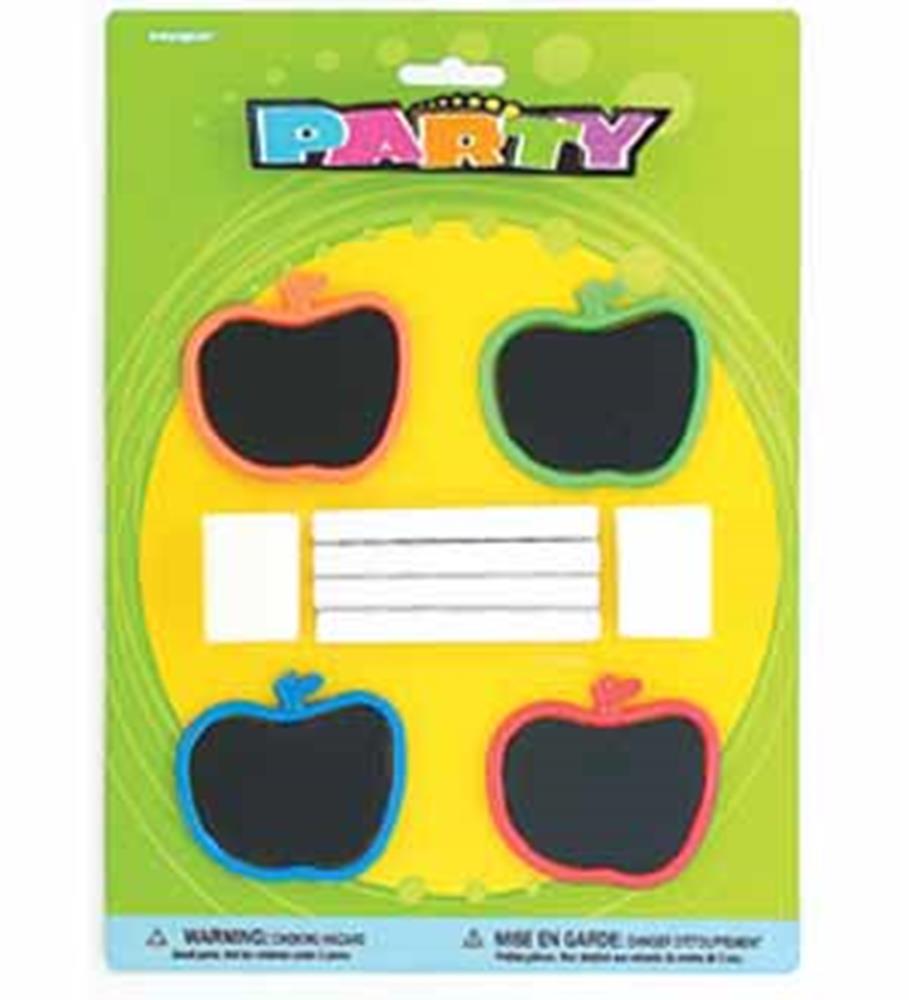 Four colorful fruit-shaped mini chalkboards with chalk, on green packaging labeled "Party".