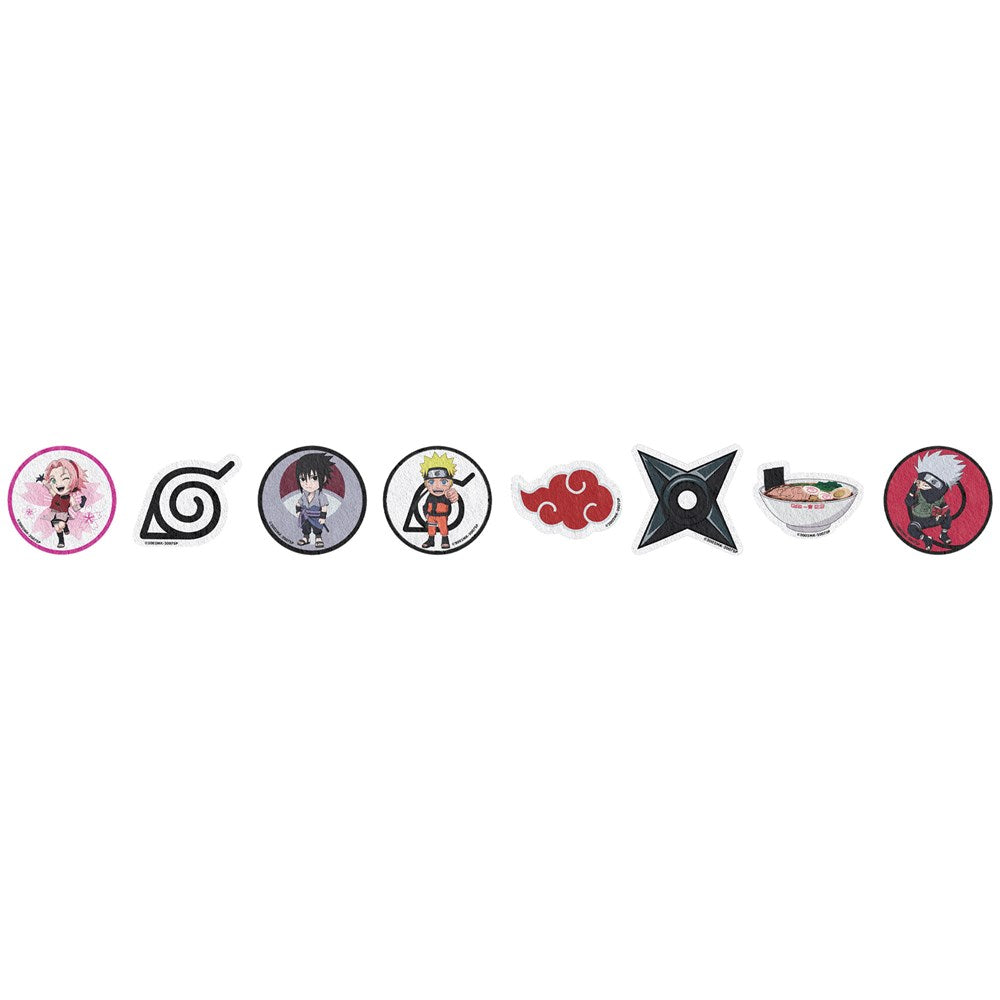 Set of eight Naruto-themed embroidered patches featuring characters, symbols, and logos in vibrant colors and detailed.